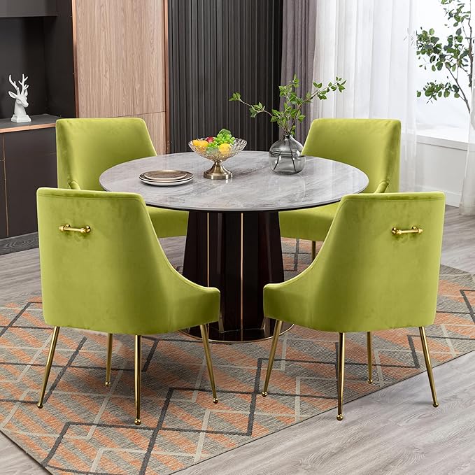 Modern Velvet Dining Chairs Set of 4, Contemporary Upholstered Furniture Collection with Polished Gold Metal Legs, Elegant Accent Chairs for Kitchen Living Room(Yellow Green)