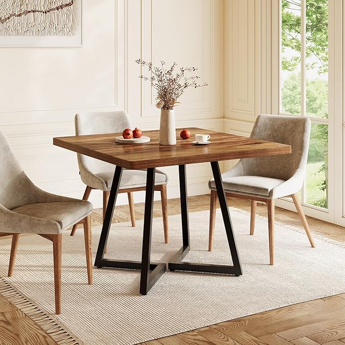 LITTLE TREE 31.5 Inches Small Dining Table for 4, Square Dinner Table for Small Space, Dining Room Tables, Rustic Brown Wooden Kitchen Table with Metal Legs, Modern Leisure Cafe Table for Apartment