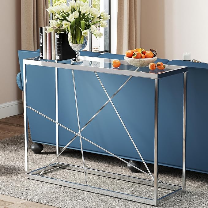 OIOG Glass Console Table for Entryway, Modern Sofa Table with Temperes Glass Tabletop and Chrome Frame, Silver Entryway Table for Living Room, Hallway, Dining Room, Home Office