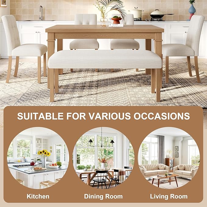Ball & Cast Dining Table Set for 6 W/Bench & 4 Upholstered Chairs,6 Piece Dining Set W/ 60" Rectangle Kitchen Table & Anti-Scratch Pads,Table and Chairs Set for Living Room,Dining Room,Natural