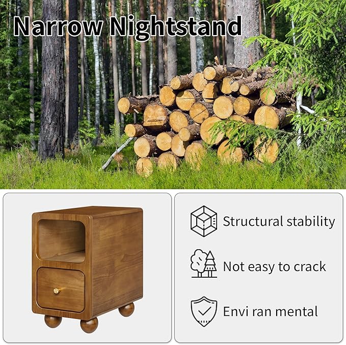 Small Narrow Nightstand with Drawers, Solid Wood Nightstand, Walnut Night Stand, Mid Century Side Table, Modern Bedside Tables for Bedroom (10 inch)