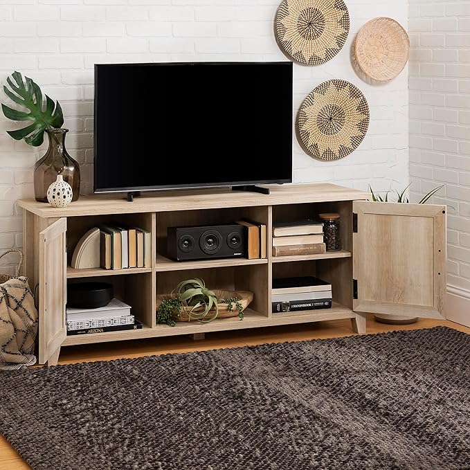 Walker Edison Buren Classic Grooved Door TV Stand for TVs up to 65 Inches, 58 Inch, White Oak