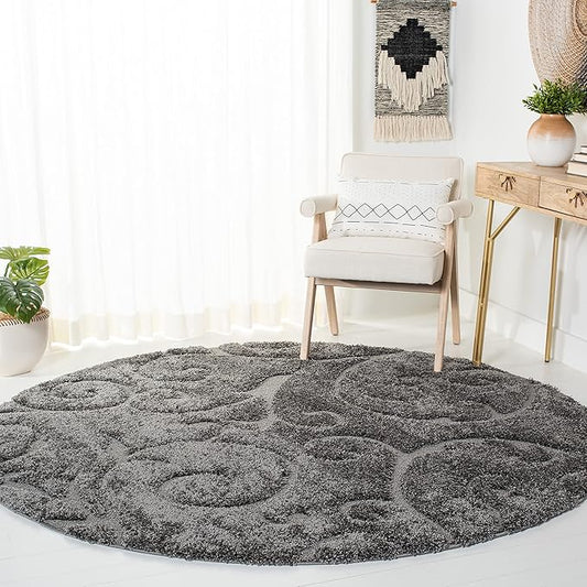 SAFAVIEH Florida Shag Collection Area Rug - 6'7" Round, Grey, Scroll Design, Non-Shedding & Easy Care, 1.2-inch Thick Ideal for High Traffic Areas in Living Room, Bedroom (SG455-8013)