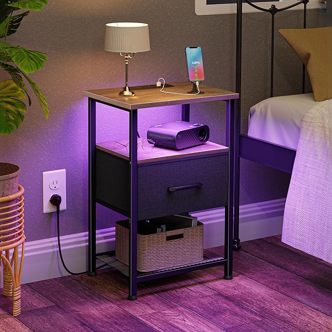 Nightstands Set of 2 with Charging Station and Drawer, End Table Bedside Table with 20 Colors LED Light Strip and 2 Layers Shelf for Bedroom Living Room Sofa (Grey)