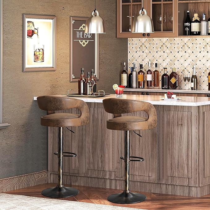 VECELO Bar Stools Set of 4 Adjustable Swivel Modern Pu Leather Barstools, Counter Bar Stools with Back and Arms, for Kitchen, Bar (Dark Brown)