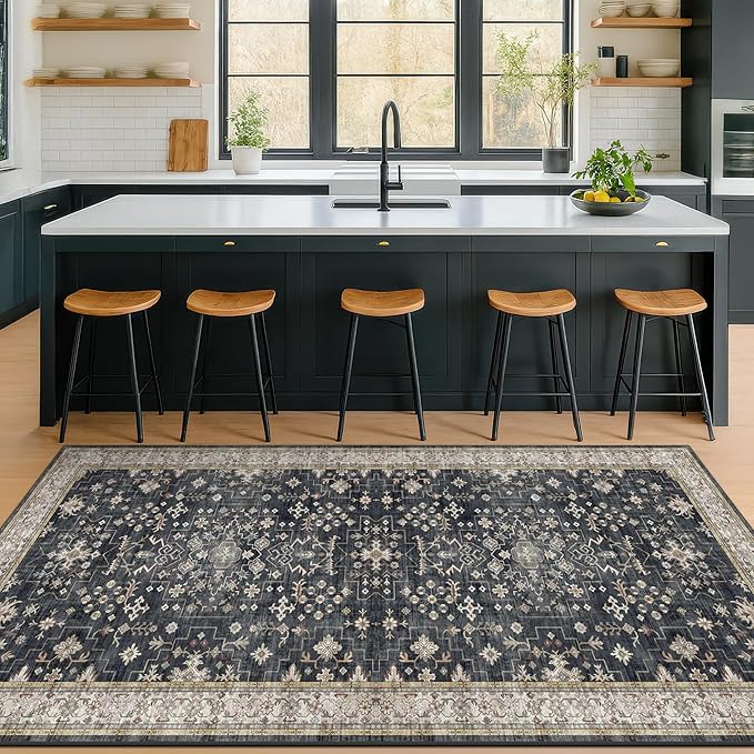 Washable 4x8 Hallway Runner Rug, Black Vintage 8ft Soft Runners for Entry Kitchen Non Slip Low Pile Thin Carpet for Living Room Bedroom Foyer