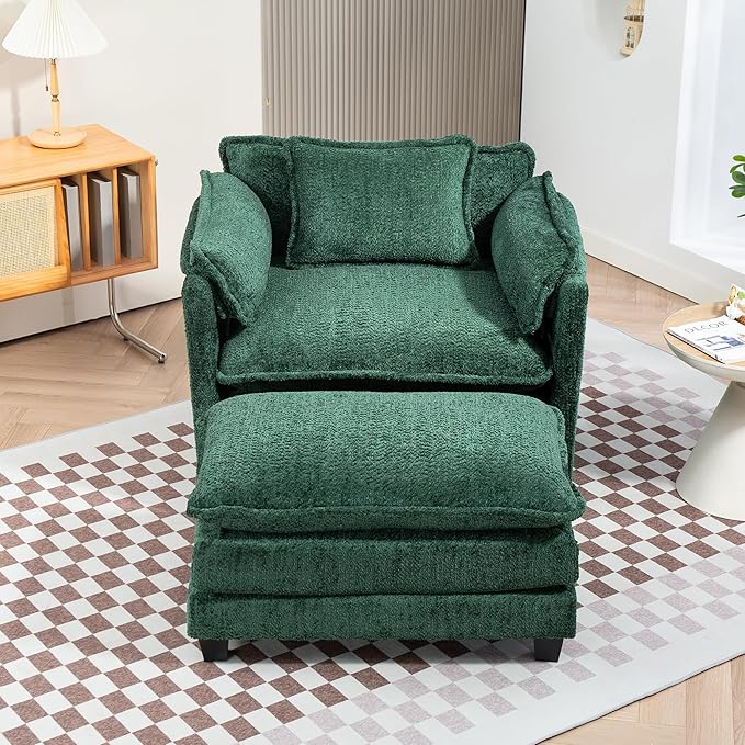 Furniliving Oversized Accent Chairs with Ottoman, Luxury Boucle Single Sofa, Upholstered Deep Seat Chaise Lounge with Pillows for Living Room, Bedroom, Apartment, Green