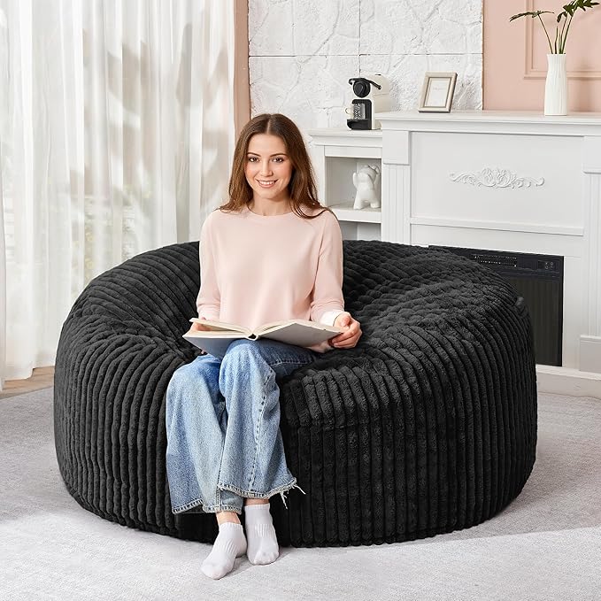 HABUTWAY 5FT Bean Bag Chair, 5' Large Bean Bag Chairs for Adults with Removable Stripe Plush Cover, Memory Foam Beanbag Chair for Living Room Bedroom Dorm (Black)
