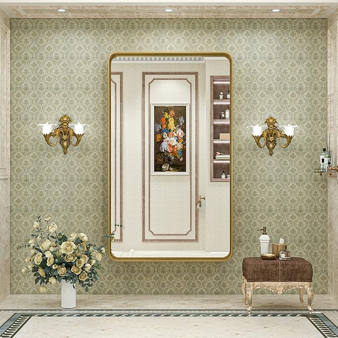 TokeShimi Gold Bathroom Mirror for Wall 48 x 30 Inch Metal Rounded Corner Rectangle Mirror Wall Mirror in Aluminum Alloy Metal Frame Deep Set Design Hangs Horizontal Or Vertical