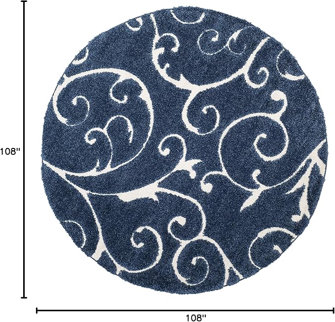 SAFAVIEH Florida Shag Collection 9' Round Dark Blue/Cream SG455 Scrolling Vine Graceful Swirl Textured Non-Shedding Living Room Bedroom Dining Room Entryway Plush 1.2-inch Thick Area Rug