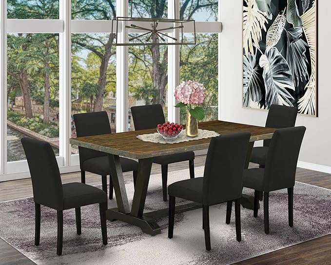 East West Furniture V677AB624-7 7 Piece Dinette Set Consist of a Rectangle Dining Room Table with V-Legs and 6 Black Color Linen Fabric Upholstered Chairs, 40x72 Inch, Multi-Color