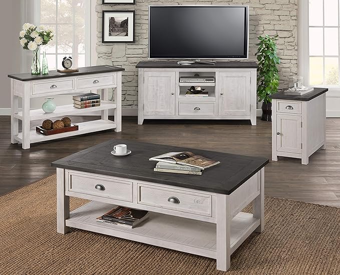 Martin Svensson Home Monterey Chairside Table - White with Grey Top - Coastal Multi-Use Table with Built-in Outlets and Drawers for Bedroom or Living Room