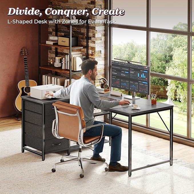 PRAISUN 43.3" Small Computer Desk with Power Outlets and USB-C Port, Reversible L Shaped Corner Office Desk with 4 Fabric Drawers and 2 Height-Adjustable Shelves, for Gaming Writing, Grey