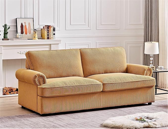 Reversible Sleeper Sofa Bed with Comfortable Memory Foam Mattress, Convertible Corduroy Full Size Pull Out Couch for Living Room, Space Saving Furniture, 72" Wide, Rounded Arms, Ginger