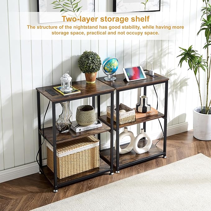 VECELO Tall End Table with Charging Station, Side Table with USB Ports and Outlets, 30" Height Nightstand with 3-Tier Storage Shelf for Living Room Bedroom Office Hallway Study