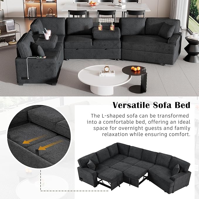 126" Extra Large Pull-Out Sofa Bed with Drop-Down Cup Holder Tables,L-Shaped Sectional Couch W/Charging Device,Convenient Sleeper Furniture Set for LivingRoom Apartment,Beige Chenille