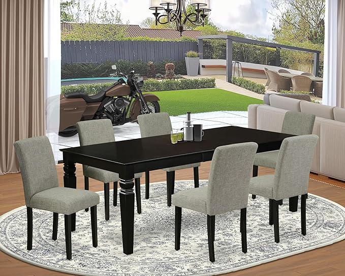 East West Furniture LGAB7-BLK-06 7 Piece Dining Room Table Set Consist of a Rectangle Wooden Table with Butterfly Leaf and 6 Shitake Linen Fabric Upholstered Chairs, 42x84 Inch, Black