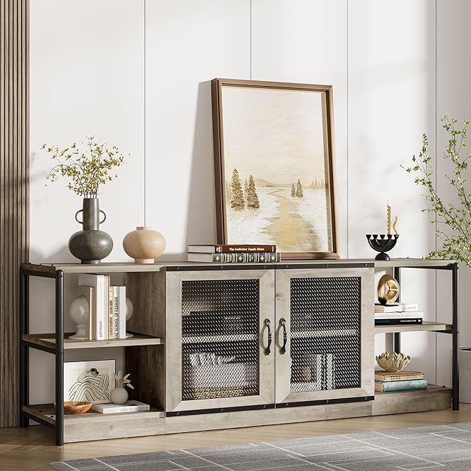 GarveeHome Farmhouse TV Stand for 75/80 Inch TVs, Entertainment Center with Storage Cabinet, 71'' Rustic TV Media Console Table, Furniture for Living Room, Grey