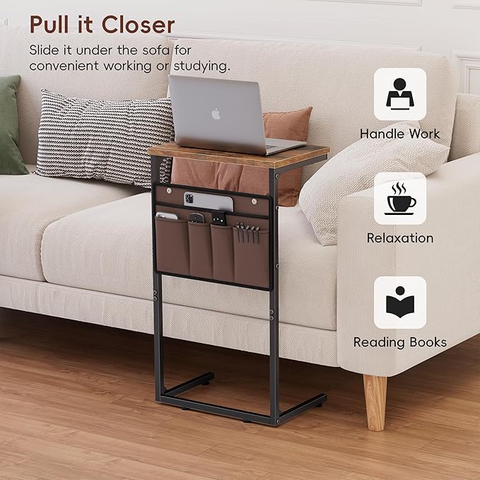 Vagusicc C Shaped End Table Set of 2, Tall Side Table for Sofa, Small Couch Side Table with Storage Bag, TV Tray Table for Small Spaces, Sturdy Slide Under Sofa Table with Metal Frame for Living Room