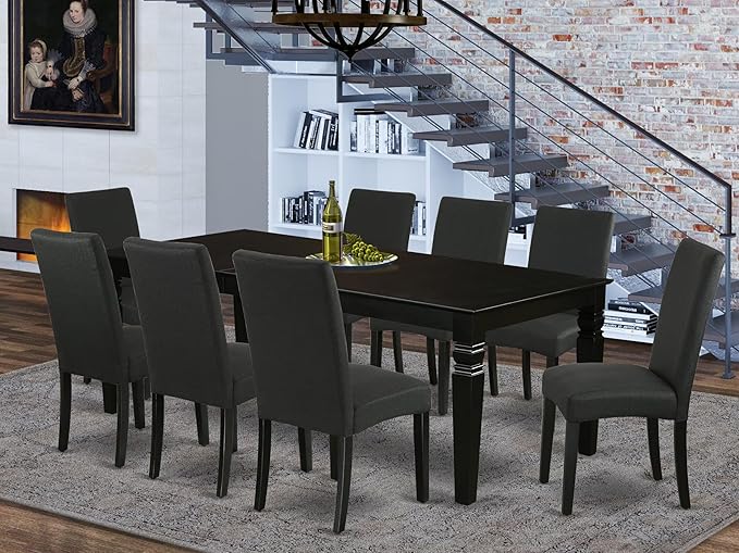 East West Furniture LGDR9-BLK-24 9 Piece Dining Room Set Includes a Rectangle Kitchen Table with Butterfly Leaf and 8 Black Color Linen Fabric Upholstered Chairs, 42x84 Inch, Black