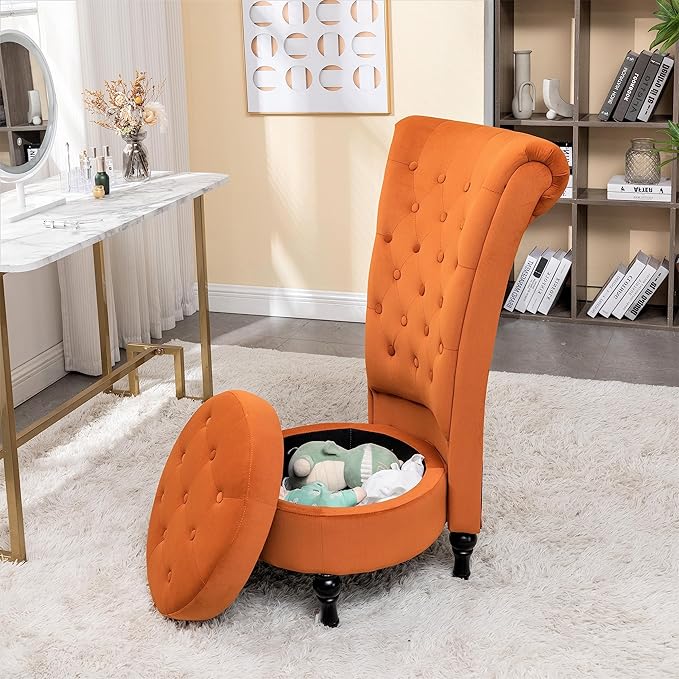 Container Furniture Direct Royal High-Back Velvet Accent Chair for Vanity with Storage and Luxurious Upholstery, Retro Design and Versatile Usage for Livingroom, Bedroom, Lounge and Office, Red Orange