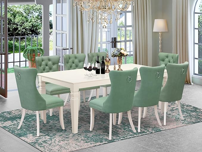 East West Furniture LGDA9-LWH-22 9 Piece Dining Set Consists of a Rectangle Dining Table with Butterfly Leaf and 8 Polyester Fabric Chairs, linen white