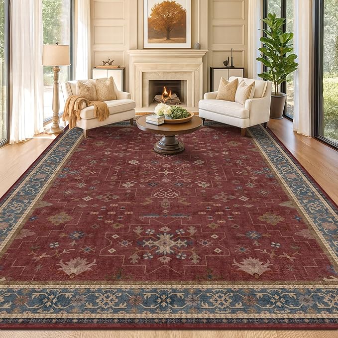 Moroccan Big Rugs for Living Room - Dark Red 10x12 Area Rug for Large Bedroom, Dining Room, Washable Lightweight Foldable Oriental Burgendy Home Décor