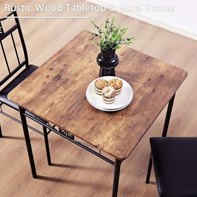 VECELO 3-Piece Small Kitchen Dining Table Set for 2, PU Padded Chairs, Easy Assembly, Brown