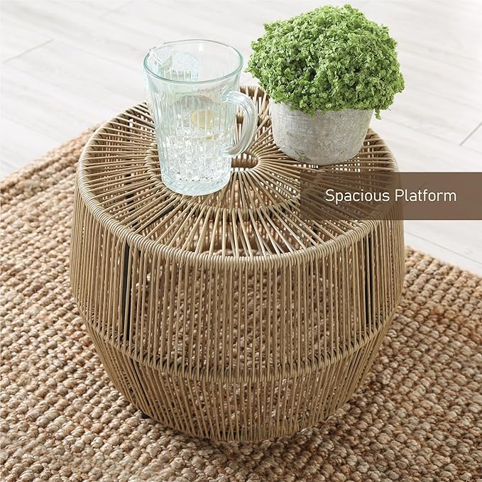 Muse & Lounge Co. Ysar Boho Rattan Round Coffee Table Outdoor with Metal Frame, All-Weather and Rust Resistant, Handcrafted Coastal Furniture for Patio, Poolside, Garden, Yard, Natural Brown