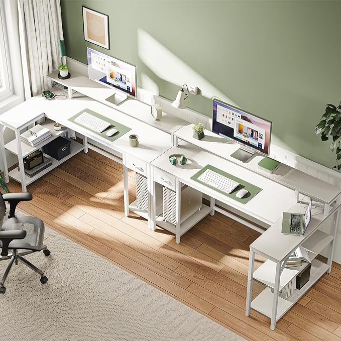 SUPERJARE 53 inch Reversible L Shaped Desk with LED Lights & Power Outlets, Computer Desk with Shelves & Monitor Stand, Gaming Desk with Drawer, Home Office Desk Corner Desk, PU White Drawer