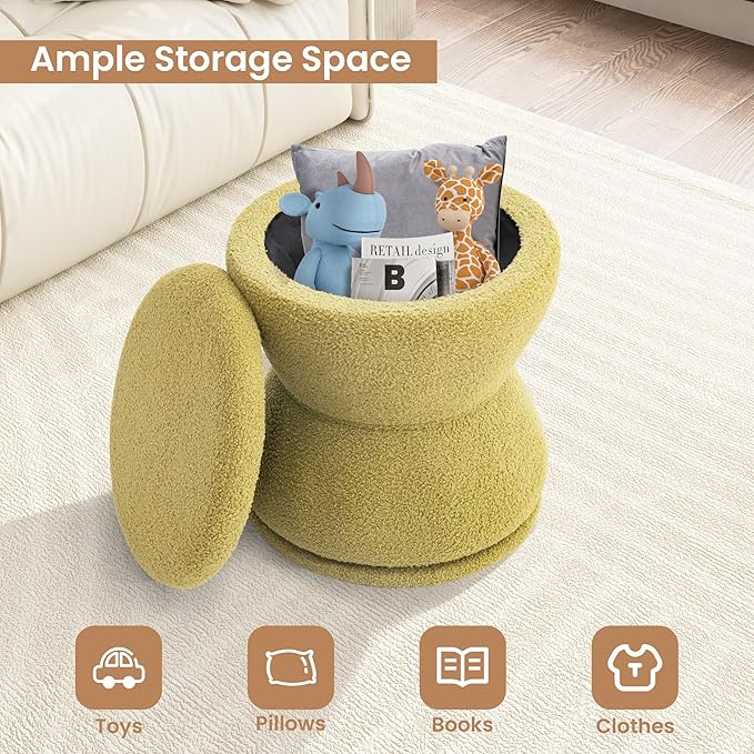 Ottoman with Storage, 360° Swivel Boucle Ottoman Vanity Stool, Upholstered Footstool with Storage Removable Lid, Modern Round Boucle Footrest Coffee Table for Living Room, Bedroom, Green