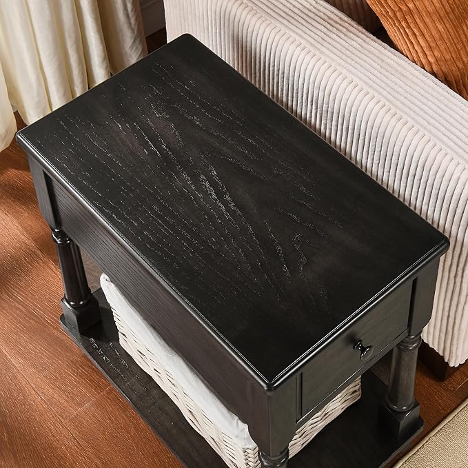 LEEMTORIG Set of 2 Solid Wood End Table Narrow Side Table with Drawer, Cherry Wood End Table Living Room, 13" W Slim Small Nightstand, 22" D x 22.3" H, No-Tools Assembly, Rustic Black BBJ-004-BK