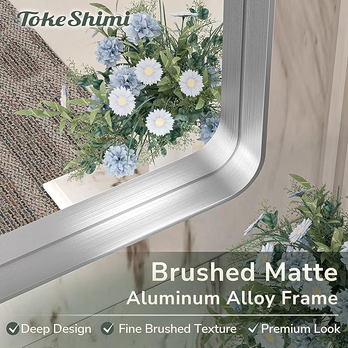 TokeShimi 20 x 30 Inch Silver Bathroom Wall Mirror Vanity Metal Frame Round Corner Rectangular for Home Decor Living Room Entryway (Horizontal/Vertical)