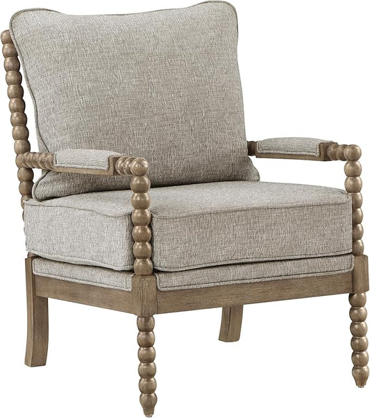 OSP Home Furnishings Fletcher Spindle Accent Chair with Rustic Brown Finish, Fog Beige Upholstery