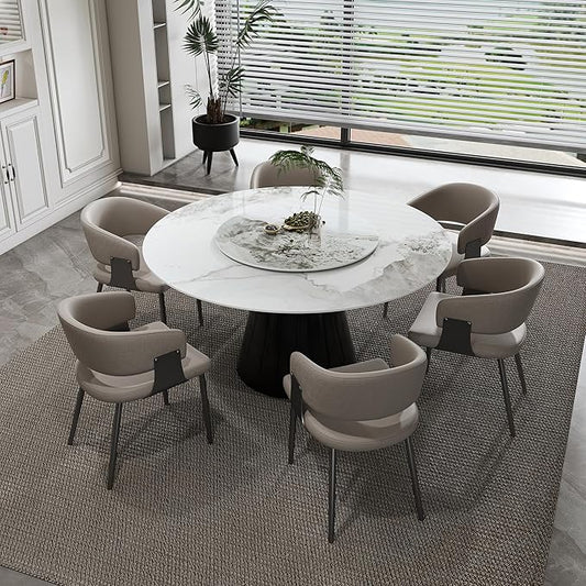Ball & Cast 7-Piece Dining Set,Faux Marble Table with Detachable Rotating Tray & 6 PU Leather Chairs,Modern Kitchen Dining Room Table Set w/Stainless Steel Base,for Restaurant & Home,Grey