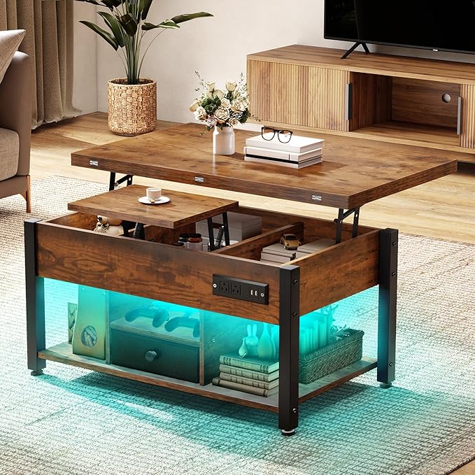 YITAHOME 4-in-1 Lift Top Coffee Table with RGB Light & Dual Tops, Multi-Function Table with Power Outlets, Storage, Converts to Dining Table Computer Desk Gaming Hub, Living Room, Home Office, Brown