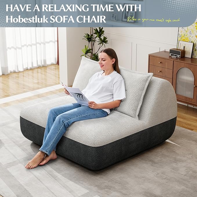 Hobestluk Small Sofa Couch Lounge Sofa Chair for Living Room, Comfy Memory Foam Couch, Mini Sofa with Side Pocket for Living Room, Bedroom (Grey+Beige)
