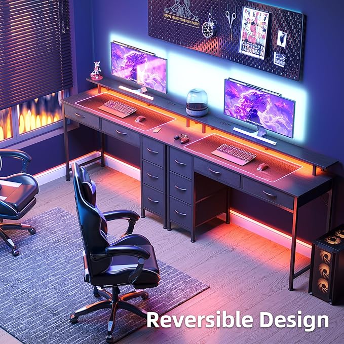 Computer Desk with 5 Drawers, Gaming Desk with LED Lights Power Outlets and Type-C, 39 Inch Office Desk with Storage, Monitor Stand, Writing Desk Work Table for Home Office, Small Spaces, Black