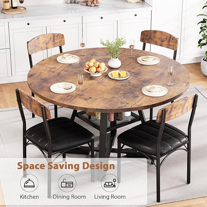 Round Dining Table Set for 4, Kitchen Table and Chairs for 4, Circle Table Round Pedestal Dining Room Dinner Dinette Table Set,5 Piece Space Saving Wood Kitchen & Dining Room Tables (Vintage, 42In)