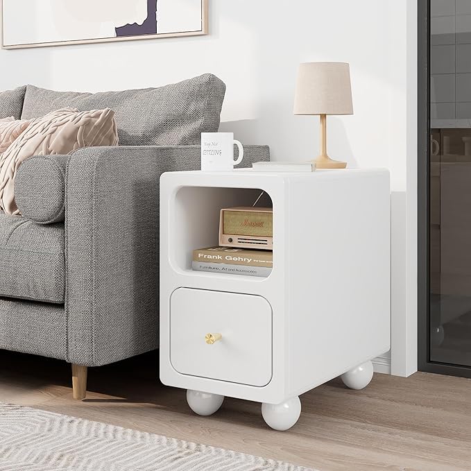 Solid Wood Night Stand, Narrow Nightstand with Drawers, White Mid Century Modern Nightstand, Small Beside Table with Open Storage Shelf for Bedroom (10 inch)