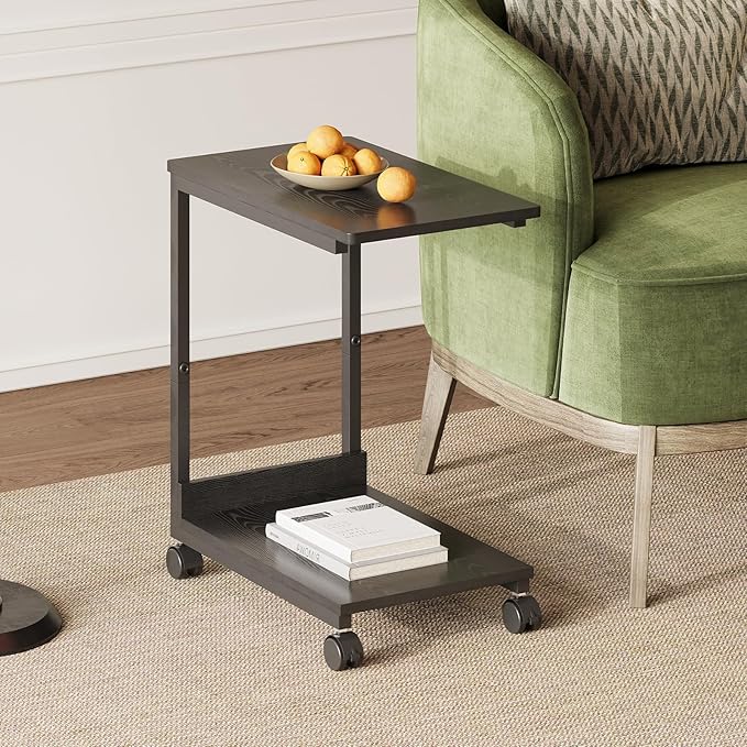 Side Table,C Table with 2-Tier Storage Shelf, End Table with Metal Frame, Sofa Table with Wheels for Living Room, Bedroom, Office, Bathroom, Easy Assembly, Black
