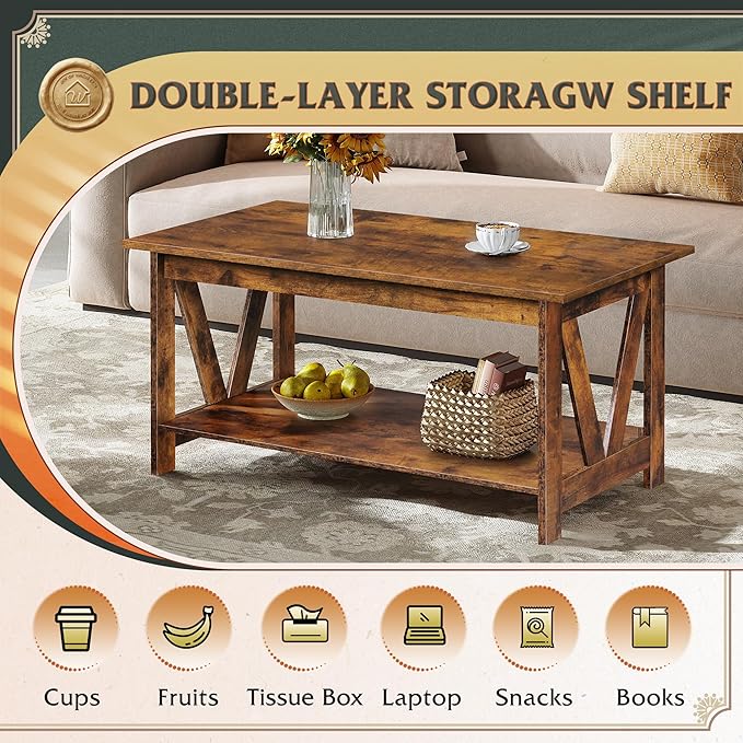 WLIVE Coffee Table with Storage Shelf, 39.4" Farmhouse Coffee Table with V-Frame Support, 2-Tier Wood Rustic Center Table for Living Room, Bedroom & Balcony, Rustic Brown