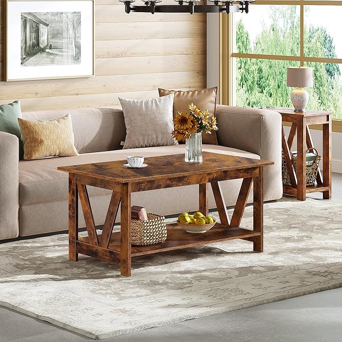 WLIVE Coffee Table with Storage Shelf, 39.4" Farmhouse Coffee Table with V-Frame Support, 2-Tier Wood Rustic Center Table for Living Room, Bedroom & Balcony, Rustic Brown