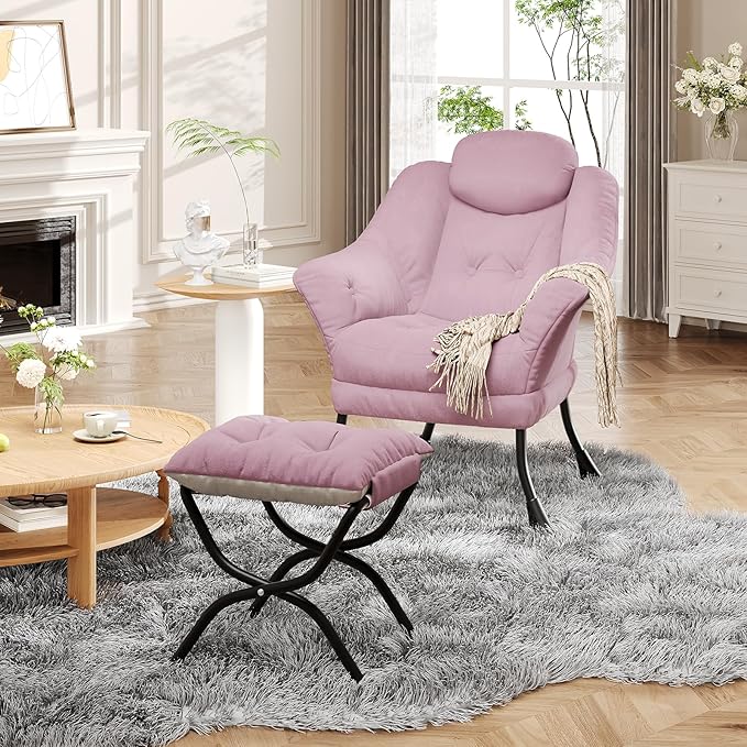 IDEALHOUSE Lazy Chair with Ottoman - Modern Living Room Chairs for Small Spaces, Ergonomic Reading Chair with Armrests, Comfy Chair with Ottoman for Bedroom & Living Room, Pink
