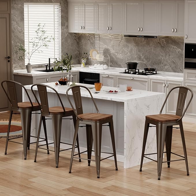 Changjie Furniture 30 Inches Metal Barstools Set of 4 Counter Height Bar Stools Industrial Stools with Backs High Back Chairs for Kitchen Island (30 Inch, Rusty)