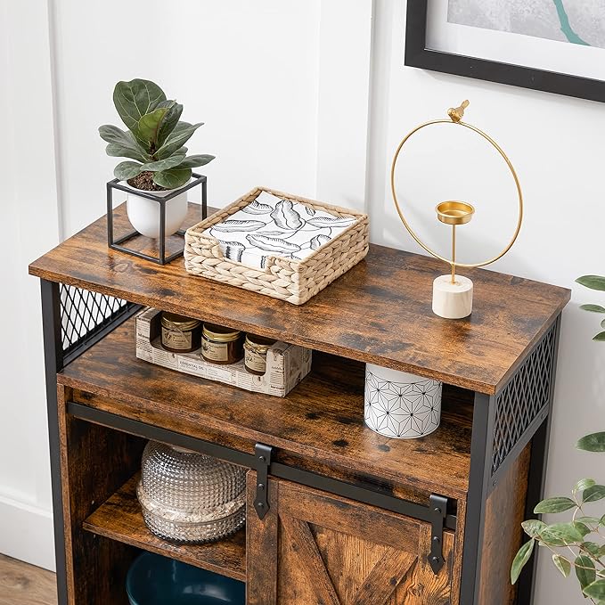 VASAGLE Buffet Cabinet, Coffee Bar Storage Cabinet, Sideboard with 1 Sliding Barn Door, Adjustable Shelves, 11.8 x 27.6 x 31.5 Inches, for Living Room, Rustic Brown and Ink Black ULSC089B01