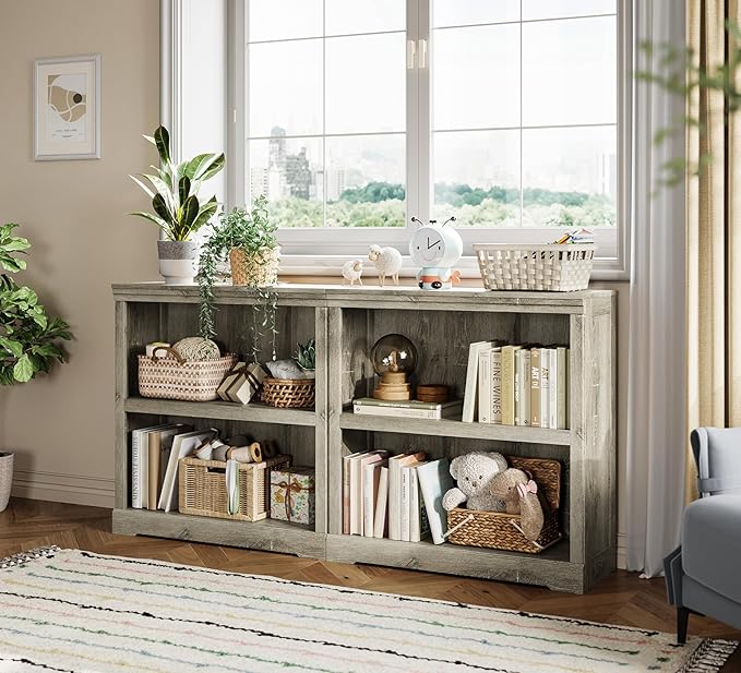 LINSY HOME 2-Tier Bookcase and Bookshelf, Small Wood Display Storage Shelves Farmhouse Bookshelf for Home Office, Living Room, Bed Room - Light Brown