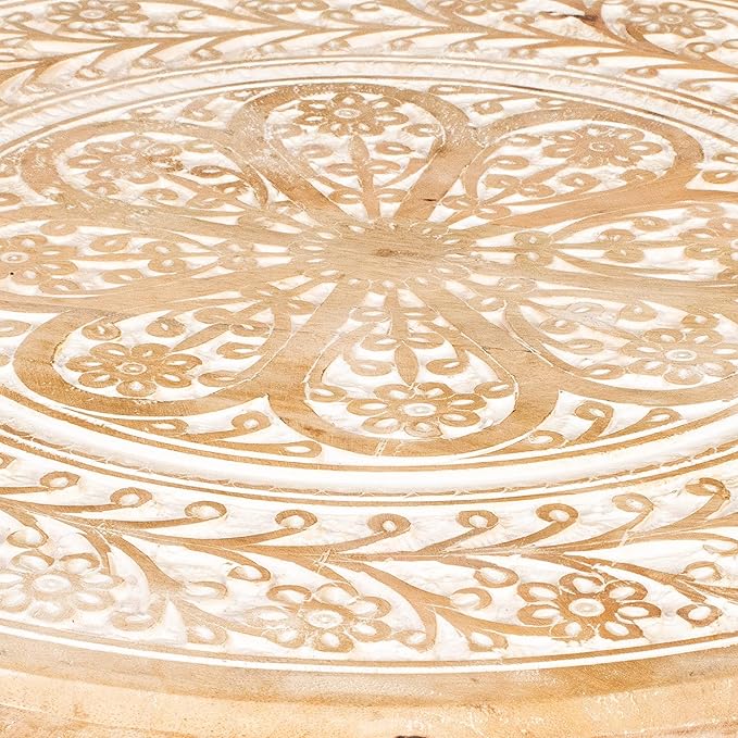 Wooden Table with 3 Legs Pillar, Carving End Tables, Round Coffee Tables, Entryway Table, Coffee Table for Livingroom, Books and Plants - 18"x22" - White Wash