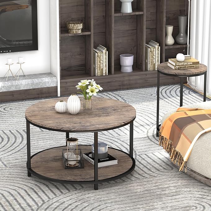 NSdirect Round Coffee Table, 27.5" Small Coffee Table for Living Room,2-Tier Rustic Wood Desktop with Storage Shelf Modern Design Home Furniture(Light Walnut)
