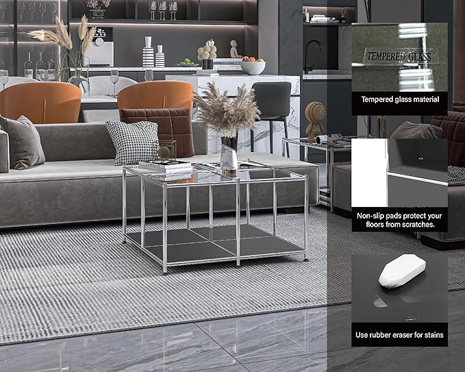 Matte Coffee Table with Open Storage, Square Tempered Glass Storage Rolling Coffee Table, Modern Design for Living Room, Meeting Room (Grey)